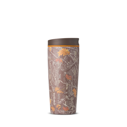 SmoothSip Slider 20oz in Out of Sight, brown forest Mossy Oak camouflage print with leaves and branches across the body, brown lid, and orange accent ring