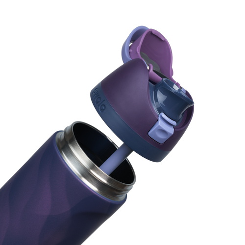 Owala FreeSip 24oz in Arctic Storm, exploded view showing the deep purple body, navy lid with periwinkle carry loop, deep purple flip cap with periwinkle FreeSip spout, and lavender silicone straw